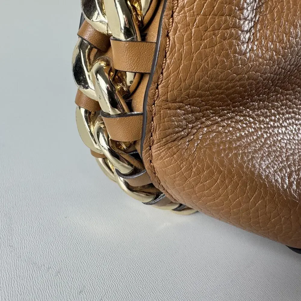 Michael Kors Alamis Bucket Bag Womens Medium Brown Leather Chain Strap Purse